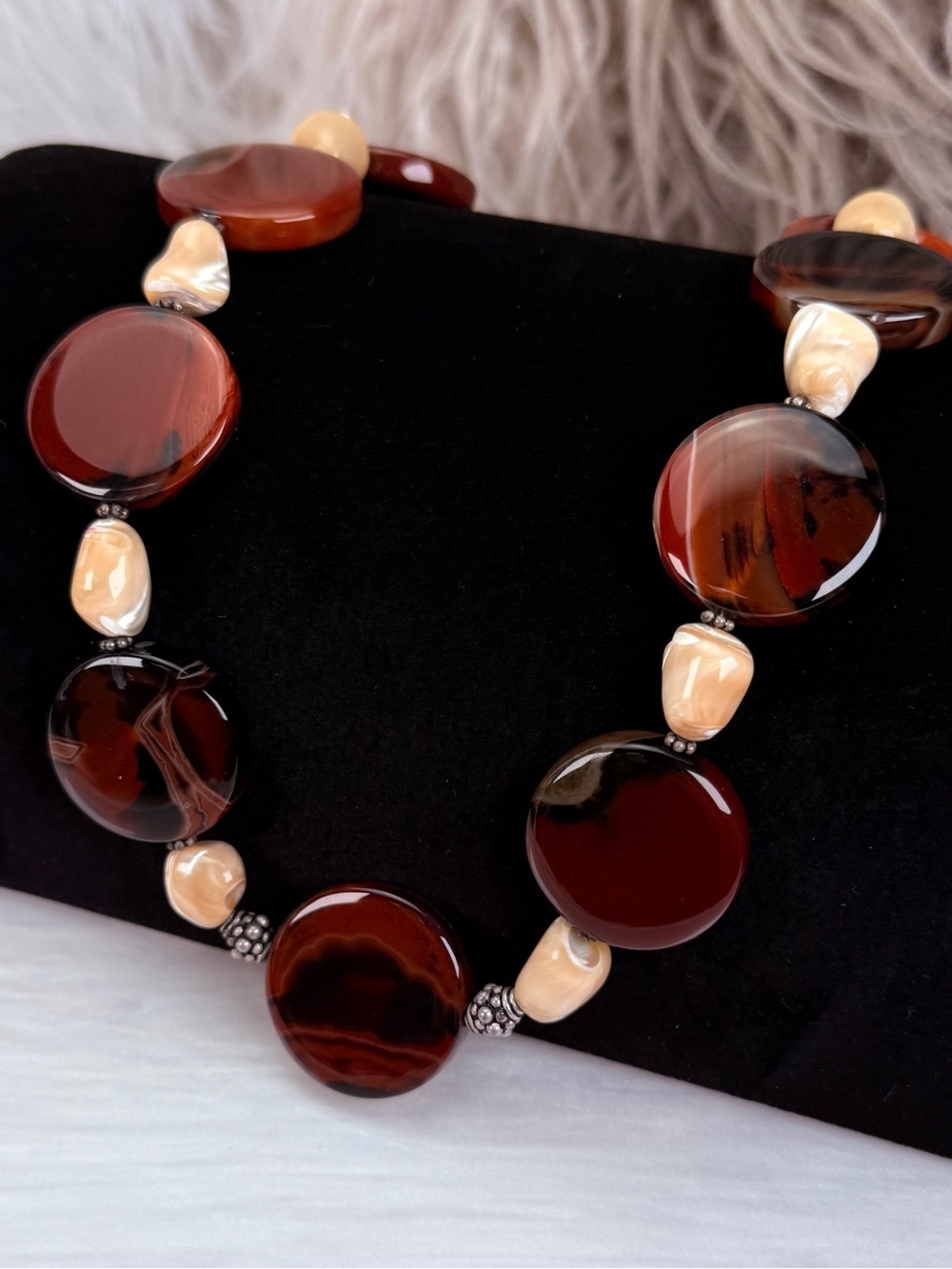Donna Dressler 925 Carnelian Agate Mother of Pearl Statement Necklace